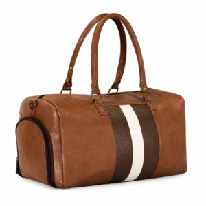 eco friendly vegan leather travel duffle bag – vintage stripe weekender (brown)
