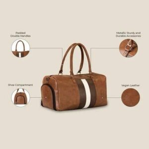 eco friendly vegan leather travel duffle bag – vintage stripe weekender (brown)